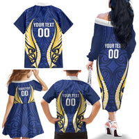 Bay of Plenty 2026 Rugby Custom Family Matching Off The Shoulder Long Sleeve Dress and Hawaiian Shirt NZ Maori Silver Fern LT14 Mom's Dress Blue - Polynesian Pride