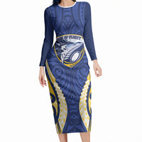 Bay of Plenty 2026 Rugby Custom Long Sleeve Bodycon Dress NZ Maori Silver Fern LT14 Long Dress Blue - Polynesian Pride
