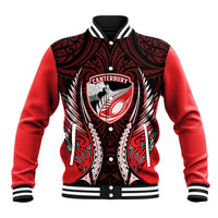 Canterbury 2026 Rugby Custom Baseball Jacket NZ Maori Silver Fern LT14 Unisex Red - Polynesian Pride