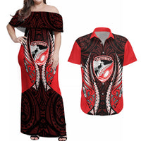 Canterbury 2026 Rugby Custom Couples Matching Off Shoulder Maxi Dress and Hawaiian Shirt NZ Maori Silver Fern LT14 Red - Polynesian Pride
