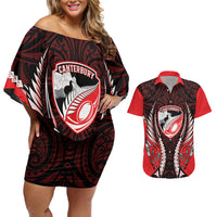 Canterbury 2026 Rugby Custom Couples Matching Off Shoulder Short Dress and Hawaiian Shirt NZ Maori Silver Fern LT14 Red - Polynesian Pride