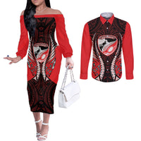 Canterbury 2026 Rugby Custom Couples Matching Off The Shoulder Long Sleeve Dress and Long Sleeve Button Shirt NZ Maori Silver Fern LT14 Red - Polynesian Pride