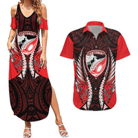 Canterbury 2026 Rugby Custom Couples Matching Summer Maxi Dress and Hawaiian Shirt NZ Maori Silver Fern LT14 Red - Polynesian Pride