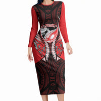 Canterbury 2026 Rugby Custom Long Sleeve Bodycon Dress NZ Maori Silver Fern LT14 Long Dress Red - Polynesian Pride