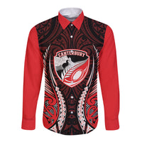 Canterbury 2026 Rugby Custom Long Sleeve Button Shirt NZ Maori Silver Fern LT14 Unisex Red - Polynesian Pride