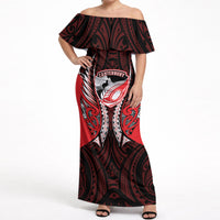 Canterbury 2026 Rugby Custom Off Shoulder Maxi Dress NZ Maori Silver Fern LT14 Women Red - Polynesian Pride