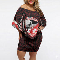 Canterbury 2026 Rugby Custom Off Shoulder Short Dress NZ Maori Silver Fern LT14 Women Red - Polynesian Pride