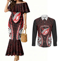 Counties Manukau 2026 Rugby Custom Couples Matching Mermaid Dress and Long Sleeve Button Shirt NZ Maori Silver Fern LT14 Red - Polynesian Pride