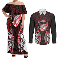 Counties Manukau 2026 Rugby Custom Couples Matching Off Shoulder Maxi Dress and Long Sleeve Button Shirt NZ Maori Silver Fern LT14 Red - Polynesian Pride