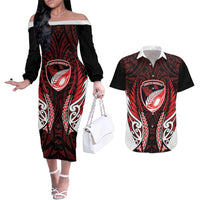 Counties Manukau 2026 Rugby Custom Couples Matching Off The Shoulder Long Sleeve Dress and Hawaiian Shirt NZ Maori Silver Fern LT14 Red - Polynesian Pride