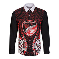 Counties Manukau 2026 Rugby Custom Long Sleeve Button Shirt NZ Maori Silver Fern LT14 Unisex Red - Polynesian Pride