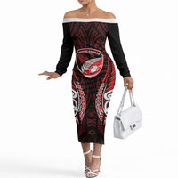 Counties Manukau 2026 Rugby Custom Off The Shoulder Long Sleeve Dress NZ Maori Silver Fern LT14 Women Red - Polynesian Pride
