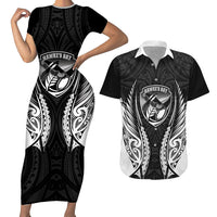 Hawke's Bay 2026 Rugby Custom Couples Matching Short Sleeve Bodycon Dress and Hawaiian Shirt NZ Maori Silver Fern LT14 Black - Polynesian Pride