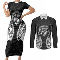 Hawke's Bay 2026 Rugby Custom Couples Matching Short Sleeve Bodycon Dress and Long Sleeve Button Shirt NZ Maori Silver Fern LT14 Black - Polynesian Pride