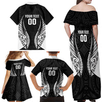 Hawke's Bay 2026 Rugby Custom Family Matching Off Shoulder Maxi Dress and Hawaiian Shirt NZ Maori Silver Fern LT14 Mom's Dress Black - Polynesian Pride