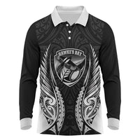 Hawke's Bay 2026 Rugby Custom Long Sleeve Polo Shirt NZ Maori Silver Fern LT14 Black - Polynesian Pride