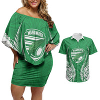 Manawatu 2026 Rugby Custom Couples Matching Off Shoulder Short Dress and Hawaiian Shirt NZ Maori Silver Fern LT14 Green - Polynesian Pride