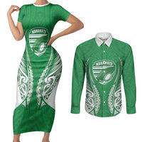 Manawatu 2026 Rugby Custom Couples Matching Short Sleeve Bodycon Dress and Long Sleeve Button Shirt NZ Maori Silver Fern LT14 Green - Polynesian Pride