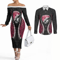 North Harbour 2026 Rugby Custom Couples Matching Off The Shoulder Long Sleeve Dress and Long Sleeve Button Shirt NZ Maori Silver Fern LT14 Maroon - Polynesian Pride