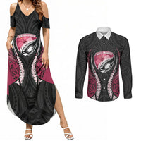 North Harbour 2026 Rugby Custom Couples Matching Summer Maxi Dress and Long Sleeve Button Shirt NZ Maori Silver Fern LT14 Maroon - Polynesian Pride