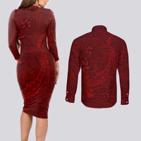 Oxblood Polynesia Couples Matching Long Sleeve Bodycon Dress and Long Sleeve Button Shirt Hawaiian Tribal Hammerhead Shark Tattoo