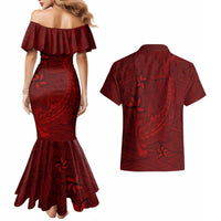 Oxblood Polynesia Couples Matching Mermaid Dress and Hawaiian Shirt Hawaiian Tribal Hammerhead Shark Tattoo