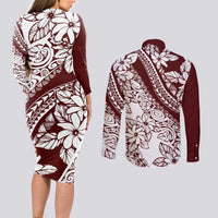 Polynesian Tropical Flowers Oxblood Color Couples Matching Long Sleeve Bodycon Dress and Long Sleeve Button Shirt