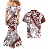 Polynesian Tropical Flowers Oxblood Color Couples Matching Mermaid Dress and Hawaiian Shirt