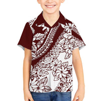 Polynesian Tropical Flowers Oxblood Color Family Matching Tank Maxi Dress and Hawaiian Shirt