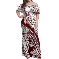 Polynesian Tropical Flowers Oxblood Color Off Shoulder Maxi Dress