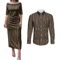 Kioranga Moriori New Zealand Couples Matching Puletasi and Long Sleeve Button Shirt Kopi Rakau Carving Art LT14 Brown - Polynesian Pride