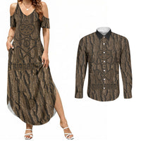 Kioranga Moriori New Zealand Couples Matching Summer Maxi Dress and Long Sleeve Button Shirt Kopi Rakau Carving Art LT14 Brown - Polynesian Pride