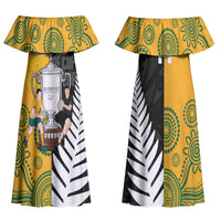 New Zealand Australia Rugby Bledisloe 2026 Custom Family Matching Off Shoulder Maxi Dress and Hawaiian Shirt Champion Trophy Maori Aboriginal Art LT14 Mom's Dress Multicolor - Polynesian Pride