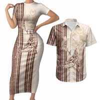 Swimming With Humpback Whales Season Tonga Couples Matching Short Sleeve Bodycon Dress and Hawaiian Shirt Tongan Tofuaa Ngatu Pattern Brown LT14 Brown - Polynesian Pride