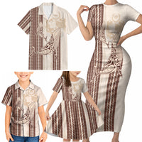 Swimming With Humpback Whales Season Tonga Family Matching Short Sleeve Bodycon Dress and Hawaiian Shirt Tongan Tofuaa Ngatu Pattern Brown LT14 - Polynesian Pride