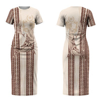 Swimming With Humpback Whales Season Tonga Family Matching Short Sleeve Bodycon Dress and Hawaiian Shirt Tongan Tofuaa Ngatu Pattern Brown LT14 Mom's Dress Brown - Polynesian Pride