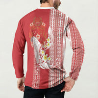 Swimming With Humpback Whales Season Tonga Button Sweatshirt Tongan Tofuaa Ngatu Pattern Red LT14 - Polynesian Pride