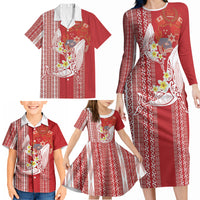 Swimming With Humpback Whales Season Tonga Family Matching Long Sleeve Bodycon Dress and Hawaiian Shirt Tongan Tofuaa Ngatu Pattern Red LT14 - Polynesian Pride