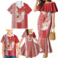 Swimming With Humpback Whales Season Tonga Family Matching Mermaid Dress and Hawaiian Shirt Tongan Tofuaa Ngatu Pattern Red LT14 - Polynesian Pride
