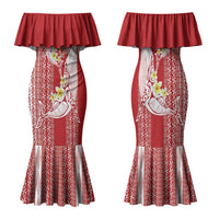 Swimming With Humpback Whales Season Tonga Family Matching Mermaid Dress and Hawaiian Shirt Tongan Tofuaa Ngatu Pattern Red LT14 Mom's Dress Red - Polynesian Pride