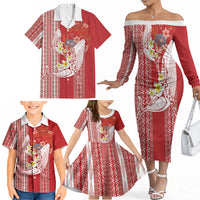 Swimming With Humpback Whales Season Tonga Family Matching Off The Shoulder Long Sleeve Dress and Hawaiian Shirt Tongan Tofuaa Ngatu Pattern Red LT14 - Polynesian Pride