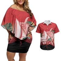 Vavau Sailing Festival Tonga Personalised Couples Matching Off Shoulder Short Dress and Hawaiian Shirt Humpback Whale Sailboat Tropical Vibes LT14 Red - Polynesian Pride