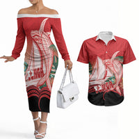 Vavau Sailing Festival Tonga Personalised Couples Matching Off The Shoulder Long Sleeve Dress and Hawaiian Shirt Humpback Whale Sailboat Tropical Vibes LT14 Red - Polynesian Pride