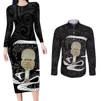 Black New Zealand Eel Couples Matching Long Sleeve Bodycon Dress and Long Sleeve Button Shirt Aotearoa Maori Tuna With Kotiate Weapon LT14 Black - Polynesian Pride