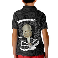 Black New Zealand Eel Kid Polo Shirt Aotearoa Maori Tuna With Kotiate Weapon