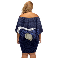 Blue New Zealand Eel Off Shoulder Short Dress Aotearoa Maori Tuna With Kotiate Weapon LT14 - Polynesian Pride