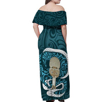 Turquoise New Zealand Eel Family Matching Off Shoulder Maxi Dress and Hawaiian Shirt Aotearoa Maori Tuna With Kotiate Weapon