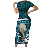 Turquoise New Zealand Eel Family Matching Short Sleeve Bodycon Dress and Hawaiian Shirt Aotearoa Maori Tuna With Kotiate Weapon