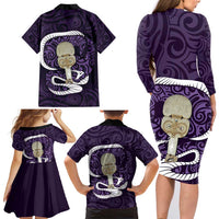 Purple New Zealand Eel Family Matching Long Sleeve Bodycon Dress and Hawaiian Shirt Aotearoa Maori Tuna With Kotiate Weapon LT14 - Polynesian Pride