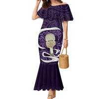Purple New Zealand Eel Family Matching Mermaid Dress and Hawaiian Shirt Aotearoa Maori Tuna With Kotiate Weapon